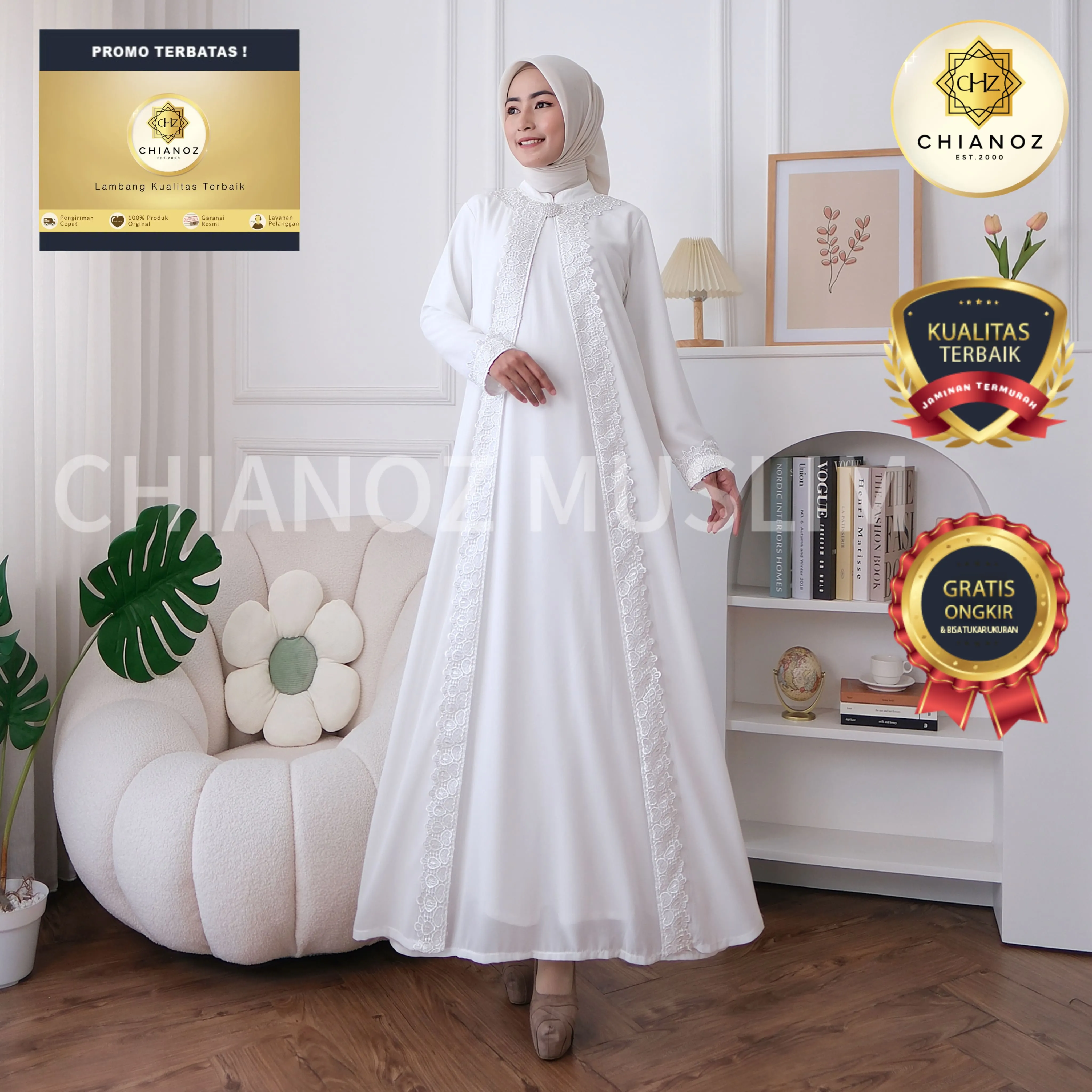 CHIANOZ Gamis Putih Mewah Wilona Dress FULL Renda Baju Lebaran Umroh Haji Manasik Pesta Akad 116 516