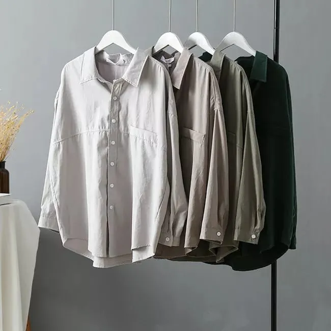 Korean Style Women's Long Sleeve Plain Shirt - Oversized Baby Corduroy Women's Shirt Women's Top